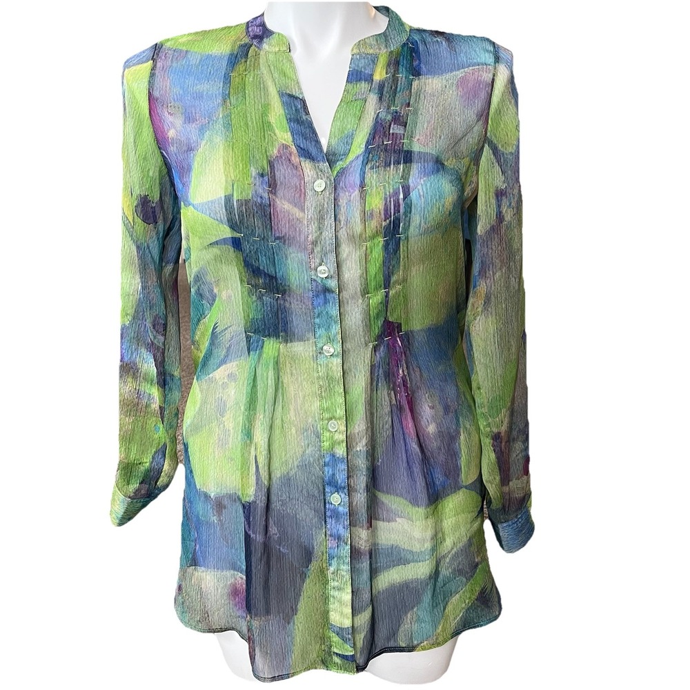 Soft Surroundings Sheer Tunic Watercolor Green Blue Women's M Lone Soft Feminine